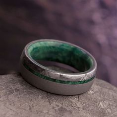 Sandblasted Men's Wedding Band With Green Box Elder Wood And Meteorite-3858 - Jewelry by Johan Green Wedding Band, Gibeon Meteorite, Meteorite Jewelry, Box Elder, Inlay Jewelry, Meteorite Ring, Green Box, Green Rings, Wood Inlay