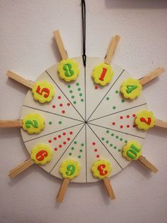 a clock made out of pops sticks with numbers on them