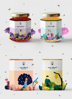 three jars of jams with different flavors and designs on the sides, each containing an individual's own label