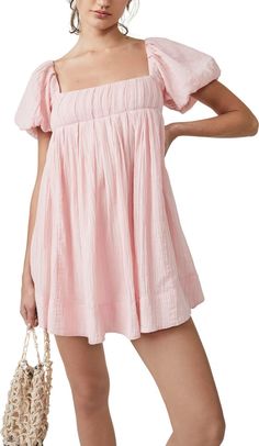 Free People Marina Tie Back Cotton Crinkle Babydoll Dress | Nordstrom Pastel Pink Dress, Mini Babydoll Dress, Cocktail Dress Nordstrom, Cute Dresses For Party, A Line Cocktail Dress, Casual Sundress, Chiffon Cocktail Dress, Pink Dress Casual, Preppy Dresses