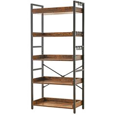 an industrial shelving unit with wooden shelves and metal bars on the bottom, against a white background