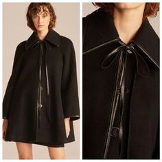 One Of The Most Stunning Coats, This Rebecca Taylor Is Sure To Please! Wool Blend Upper Trimmed In Lambskin Leather Completed With Duffle Like Front Buttons And Strings For A Totally Femme Bow Tie At Neck. Coat Is Nwot! $700 New! From A Smoke-Free Home! Approx Flat Lay Measurements Are: 33.75" Long From Top Of Shoulder, 22.5" Armpit To Armpit Designer Oversized Black Outerwear, Designer Black Oversized Outerwear, Black Designer Oversized Outerwear, Black Cape For Workwear, Black Cape For Work, Classic Black Outerwear For Daywear, Classic Black Daywear Outerwear, Classic Long Sleeve Fall Cape, Lamb Leather Jacket