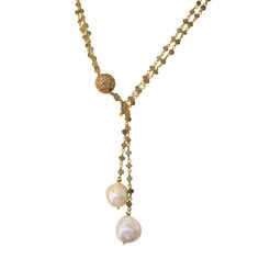 Abundance: Double Golden Baroque Pearl Lariat Necklace - MILK VELVET PEARLS Green Labradorite, Miraculous Healing, Silver Rosary, Pearl Lariat Necklace, Pearl Jewelry Gift, Pearl Lariat, Necklace Luxury, Pave Beads, Answered Prayers