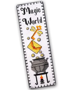 a cross stitch bookmark with an image of a pot and spoon on top of it