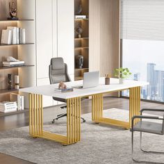 a desk with a laptop computer on top of it next to a chair and bookshelf