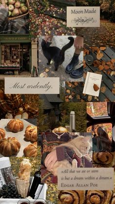 a collage of photos with words and pictures on them that include apples, pumpkins, leaves, bread