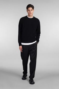 Knitwear in black wool, round neck, long sleeves, ribbed cuffs and bottom, 71% cashmere, 19% silk, 10% poliestere, Made in Italy, Model is 183 cm and wears 48 Black Merino Wool Crew Neck Sweater, Formal Black Fine Knit Sweater, Black Ribbed Wool Sweater, Black Long Sleeve Sweater For Formal Occasions, Formal Black Long Sleeve Sweater, Black Long Sleeve Formal Sweater, Elegant Black Sweater With Ribbed Cuffs, Black Cashmere Sweater For Formal Occasions, Black Formal Winter Sweater