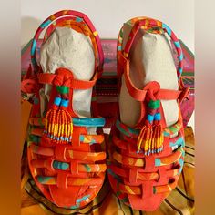 Nwt New With Box Farm Rio Tube Strap Sandal In Vibrant Colors And Beautiful Bead Work.Size 10 Made In Brazil. With Dust Bag.Beach . Summer . Vacation . Boho . Hippie. Beaded . Festival . Recycled . Multicolor Open-toe Huarache Sandals For Vacation, Multicolor Open Toe Huarache Sandals For Beach, Multicolor Open Toe Huarache Sandals For Vacation, Summer Synthetic Open Toe Huarache Sandals, Multicolor Tropical Sandals With Round Toe, Multicolor Round Toe Tropical Sandals, Tropical Multicolor Round Toe Sandals, Flat Multicolor Huarache Sandals For Beach, Multicolor Flat Huarache Sandals For Beach