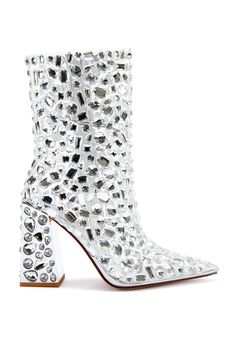 AGAVE-SILVER CRYSTAL HEELED BOOTIE Elevated Casual, Crystal Heels, Statement Shoe, Plus Size Shopping, Sandals For Sale, Silver Crystal, Boots And Sneakers, Boots For Sale, Platform Boots