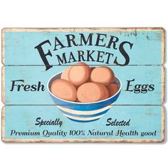 two signs that say farmers market and fresh eggs in blue bowls on the same sign