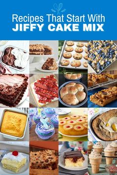 many different types of cakes and desserts are shown with the title, recipes that start with jiffy cake mix