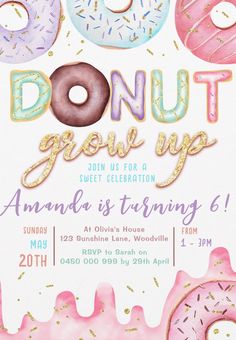 a donut party poster with pink and purple sprinkles