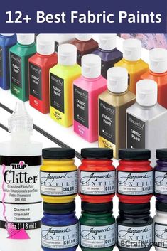 12 different colors of acrylic paint are shown with the text, 12 best fabric paints