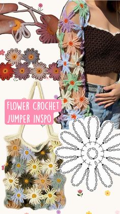 the crochet bag is being displayed with flowers on it and in front of a woman's torso