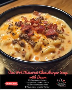 a bowl of macaroni cheeseburger soup with bacon