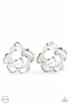 The silver edges of a white rosebud are encrusted in glittery white rhinestones for a whimsical look. Earring attaches to a standard clip-on fitting. Sold as one pair of clip-on earrings. P5CO-WTXX-051XX Paparazzi Accessories, Flower Clip, White Rhinestone, Enamel Flower, Affordable Jewelry, White Earrings, Paparazzi Jewelry, White Enamel, Elegant Jewelry