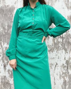 Classic green dress for Christmas. Material is semi sheer, Polyester. No flaws.  . Best for a small to medium  . Measurements: Pit-Pit - 18" Length - 44" Vintage Green Midi Dress For Fall, Green Vintage Midi Dress For Fall, Green Vintage Dress For Fall, Green Dress For Christmas, Green Long Sleeve Vintage Dress For Party, Green Long Sleeve Vintage Party Dress, Vintage Green Winter Dresses, Green Vintage Winter Dress, Vintage Green Long Sleeve Midi Dress