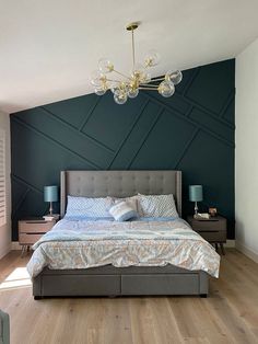 a bedroom with a large bed and blue accent wall