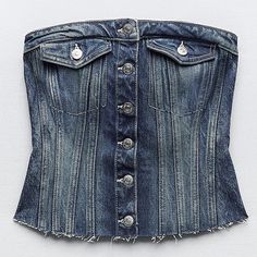 New With Tags Chic Blue Washed Denim Top, Summer Blue Distressed Denim Jacket, Blue Distressed Denim Jacket For Summer, Zara Fitted Dark Wash Denim Top, Fitted Denim Blue Denim Jacket For Summer, Fitted Blue Denim Jacket For Summer, Zara Denim Top With Pockets, Zara Fitted Denim Top, Fitted Zara Denim Top