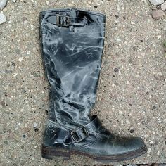 Frye Veronica Slouch Tall Gray Black Patent Leather Knee High Buckle Strap Distressed Boots War On Leather But Tons More Life Left Women's Size 7.5 Distressed Boots, Frye Veronica, More Life, Frye Shoes, Black Patent Leather, Knee High Boots, High Boots, Knee High, Patent Leather