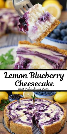 lemon blueberry cheesecake on a plate with a slice taken out and the rest of the pie in the background