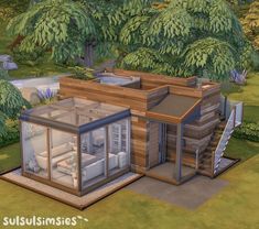 an artist's rendering of a small cabin in the middle of a wooded area