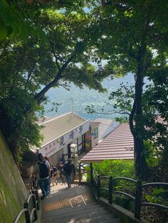 people are walking up stairs to the top of a hill with trees on both sides