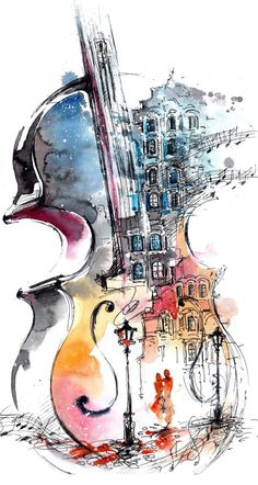 a drawing of a violin with buildings in the background and watercolors on paper