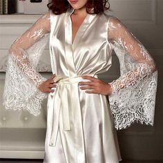 Sleeved Wedding, Silk Nightwear, Lingerie Babydoll, Bridal Robe, Long Sleeve Wedding, Bridesmaid Robes, Babydoll Lingerie, Lace Weddings, Sleepwear Robe