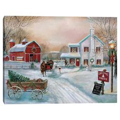 a painting of a horse pulling a sleigh in the snow with a red barn and white house behind it