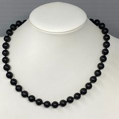 Glass Bead Necklace Vintage Black Hand Knotted Magnetic Clasp Collar 10mm 18" Classic Black Necklace With Round Beads, Classic Black Single Strand Beaded Necklace, Black Single Strand Necklace, Classic Black Necklaces With 8mm Beads, Classic Black Necklaces With Black Beads, Classic Black Necklace With Black Beads, Classic Black Beaded Necklace, Black Single Strand Pearl Necklace, Black Formal Necklace With Round Beads