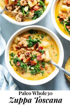 three white bowls filled with soup and some tortilla chips