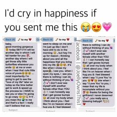 two screens with text that says i'd cry in happiness if you sent me this