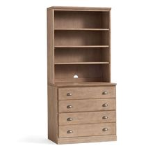 a wooden bookcase with drawers on the front and bottom shelves, against a white background