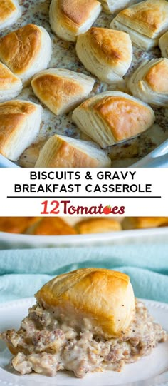 biscuits and gravy breakfast casserole on a plate with text overlay