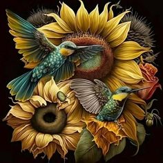 a painting of sunflowers and two hummingbirds on a black background