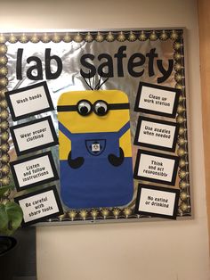 a bulletin board with a minion on it