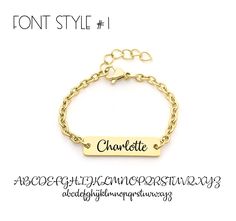 Shiny Gold Stainless Steel Baby Bracelet Designed by YOU! Any names and or date. Choose your font and heart available Permanent engraving Sturdy, smooth metal STAINLESS STEEL WILL NEVER RUST OR TARNISH A few notes! Every metal piece of this item is made with stainless steel. You never have to worry about it rusting or changing color. Each piece comes with a shiny mirror finish. Jewelry polishing cloths will remove minor scratches that can appear over time from normal wear. SIZE INFO** XSmall - 4 Hypoallergenic Nameplate Jewelry As A Gift, Custom Name Bracelet For Valentine's Day, Custom Name Charm Bracelet For Personalized Gift, Adjustable Silver Name Bracelet With Custom Text, Custom Name Adjustable Bracelet For Mother's Day, Adjustable Custom Name Bracelet For Mother's Day, Mother's Day Adjustable Bracelet With Custom Name, Customizable Nameplate Charm Bracelet As Personalized Gift, Customizable Nameplate Charm Bracelet For Personalized Gift