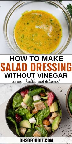 Text reads How To Make Salad Dressing Without Vinegar Non Vinegar Salad Dressing, Vinegar Free Salad Dressing, No Vinegar Salad Dressing, Quick And Easy Salad Dressing, Non Acidic Salad Dressing, Salad Dressing No Vinegar, Best Salad Dressing Recipe Healthy, Salad Dressing Without Vinegar, Salad Dressing Recipes Homemade Easy