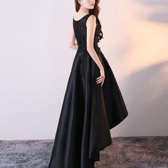 Black Satin and Lace Round Neckline.. Dress High Low, Satin Color, Formal Gowns, Knee Length Dress, Halter Formal Dress, Black Satin, Party Dresses, Round Neckline, High Low Dress