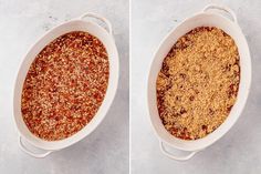 two pictures of the same food in a white casserole dish, one with oatmeal and another with granola