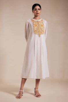 Yellow and white flounced sleeves gathered central flare dress with Lotus bloom embroidery on the yoke. Comes with an inner. - Aza Fashions Bloom Embroidery, Yellow Lotus, Gathered Dress, Georgette Dress, Tarun Tahiliani, Flounce Sleeve, White Embroidery, Embroidery Dress, Mandarin Collar