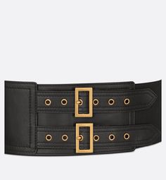 The Saddle belt honors the namesake line's hallmark codes. Crafted in black smooth calfskin, the design is embellished with a Saddle flap pocket and antique gold-finish metal D stirrup. The wide belt will embellish a skirt, dress or Bar Jacket.. Leather Belts With Gold-tone Rectangular Buckle, Luxury Black Belt Buckles With Gold-tone Hardware, Classic Evening Belts With Gold-tone Hardware, Black Leather Belt Buckles With Gold-tone Hardware, Black Belt Buckles With Gold-tone Hardware For Work, Black Belt Buckles With Gold-tone Hardware For Business, Designer Belt With Gold-tone Hardware And Rectangular Buckle, Designer Belt With Gold-tone Rectangular Buckle, Elegant Black Rectangular Belt Buckle