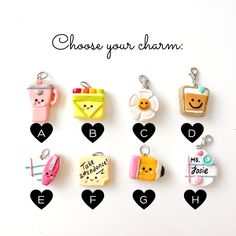 a bunch of charms that are on a white surface with the words choose your charm