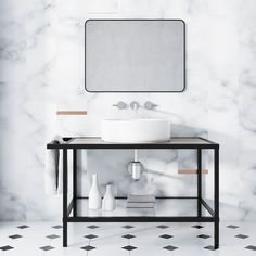 a bathroom with marble walls and flooring has a white sink on the black stand