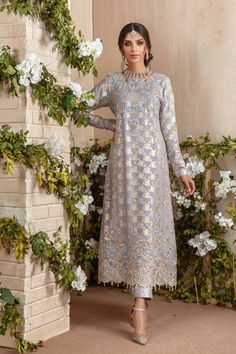 Zaiba | Pakistani Designer Outfit | Sarosh Salman Pakistani Dresses Formal, Nikah Dress Pakistani, Women Coat Outfit, Net Dress Design, Grey Dress Outfit, Grey Chiffon Dress, Nikah Dress, Kaftan Dresses, Light Grey Dress