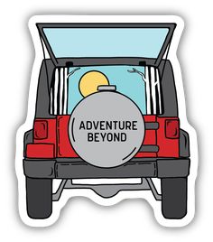 an adventure beyond sticker on the back of a red car with its door open