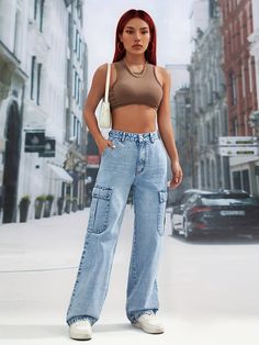 High Waist Straight Leg Denim Trousers - Light Blue,XS Non-stretch Denim Cargo Jeans For Streetwear, Non-stretch Denim Utility Jeans, Non-stretch Utility Denim Jeans, Non-stretch Wide Leg Jeans For Streetwear, Utility Non-stretch Denim Jeans, High Rise Light Wash Cargo Jeans For Fall, Baggy Cargo Style Jeans For Spring, Spring Baggy Cargo Jeans, Fall Light Wash Utility Jeans