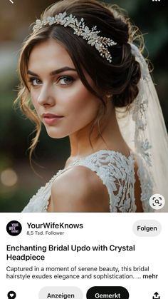 a woman wearing a bridal updo with crystal headpieces