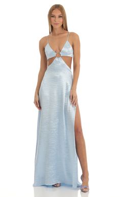 Capri Satin Cutout Maxi Dress in Sky Blue | Lucy in the Sky Blue Slip Dress, Blue Satin Dress, Senior Prom Dresses, Banquet Dresses, Blue Dress Formal, Cutout Maxi Dress, Prom Dress Inspiration, Maxi Dress Formal, Silk Maxi Dress